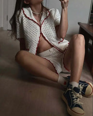 White Knitted Short Sleeve Top And Shorts Set