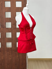 Red Satin Halter Neck Lace-up Top And Mini Bow Skirt Set
