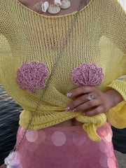Knit Sheer Shell Embroidered Long Sleeve Round Neck Top