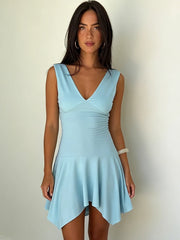 V-neck Frill Hem Sleeveless Mini Dress