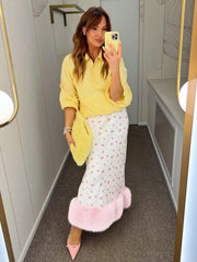 Floral Print Satin Faux Fur Trim Midi Skirt