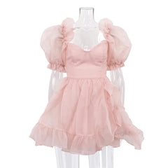 Pink Puff Sleeve Mesh Mini Dress
