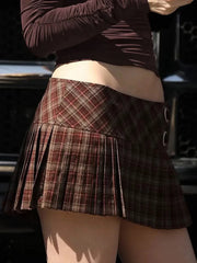 Brown Plaid ow Waist Metal Ring Pleated Mini Skirt