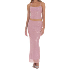 Sequin Crop Top And Low Rise Long Bodycon Skirt Set