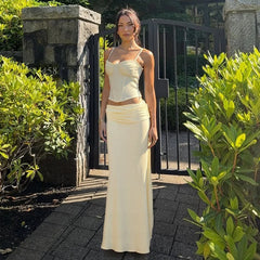 Yellow Spaghetti Strap Crop Top And Maxi Skirt Matching Set