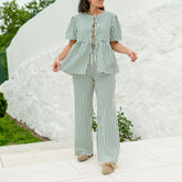Stripe Short Puff Sleeve Tie Front Top with Elastic Waist Pants Set