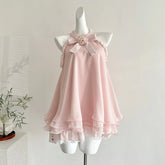 Pink Sleeveless Tank Lace Trim Bow Mini Dress