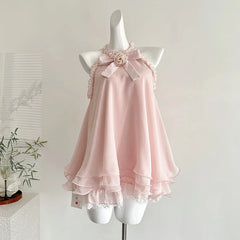 Pink Sleeveless Tank Lace Trim Bow Mini Dress