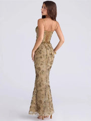 Sequin Embroidered Strap Lace Back Maxi Dress