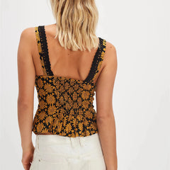 Floral Printed Patchwork Front Tie Trim Top