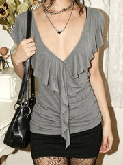 Grey Ruffles Deep V Neck Top