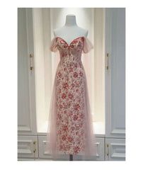 Pink Floral Off-the-Shoulder Mesh Drape Midi Dress