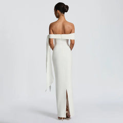 Slash Neck Off-Shoulder Ribbon Split Maxi Dress