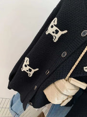 Blue Puppy Round Neck Knit Long Sleeve Cardigan