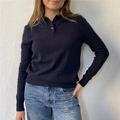 Solid Long Sleeve Lapel Collar Knit Pullover Top