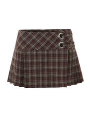 Brown Plaid ow Waist Metal Ring Pleated Mini Skirt