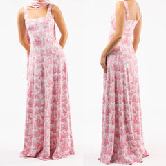Pink Printed Square Neck Long Dress with Scarf