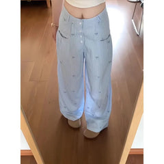 Blue Striped Wide Leg Bow Embroidery Pants