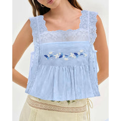 Lace Patchwork Square Neck Flower Embroidery Side Tied Top