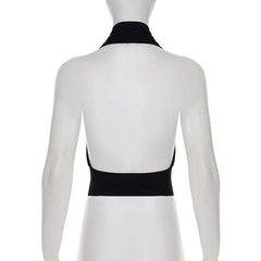 Black Halter Cowl Buttoned Crop Top