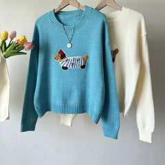Cartoon Sausage Dog Appliques Knitted Sweater