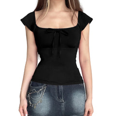 Short Sleeve Lace Bow Tie Top