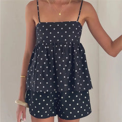 Polka Dot Spaghetti Strap Peplum Top And Shorts Set