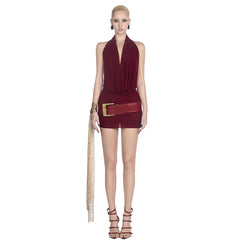 Red Cowl Mesh Backless Mini Dress