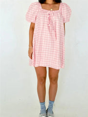 Plaid Bodydoll Puff Sleeve Mini Dress