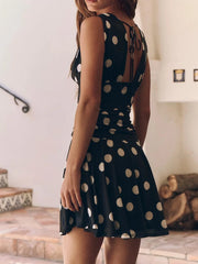 Polka Dot Ruched Deep V Neck Mini Dress