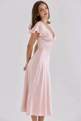 Pink Satin V-Neck Short Sleeve Tie Up Midi Dress