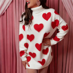 Turtleneck Heart Pattern Pearl Sweater