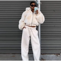 Faux Fur Zipper Hooded Jacket