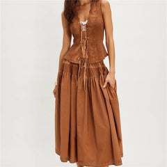 Front Tie Eyelet Tank Top And Long Skirt Set