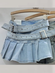 Denim Low Waist Double Belt Pleated Mini Skirt