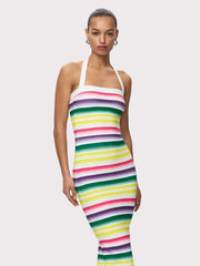 Halter Neck Colorful Striped Bandage Midi Dress