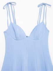 Blue Tie Up Bow Sweet Heart Neckline Mini Dress