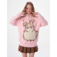 Pink High Neck Zipper Cartoon Graphic Knit Pullover