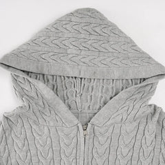 Grey Knitted Zipper Hooded Jacket And Wide Leg Pants Set