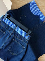 Blue Plaid Patchwork Wide Leg Denim Jeans