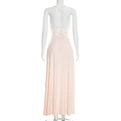 Pink Ruffle Back Tie Up Maxi Dress