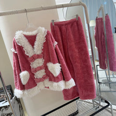 Pink Fur Plush Shirt And Pants Sleepwear Set