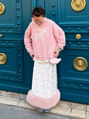 Floral Print Satin Faux Fur Trim Midi Skirt