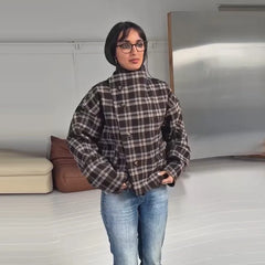 Plaid Asymmetric Button Stand Collar Jacket