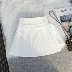 White Pleated Embroidered Bow Mini Skirt