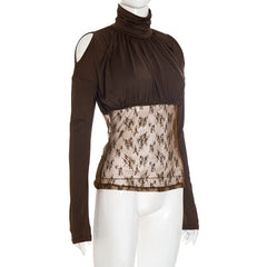 Long Sleeve Lace Patchwork High Neck Top