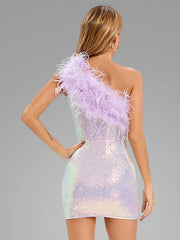 Purple One Shoulder Sequin Feather Mini Dress