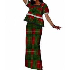 Plaid Short Sleeve Square Neck Top with Elastic Waist Wide Leg Pants Set