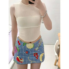 Fruit Printed Blue Checkered Mini Skirt
