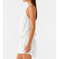 Ruffled Halter Neck Backless Metal Buckled Mini Dress